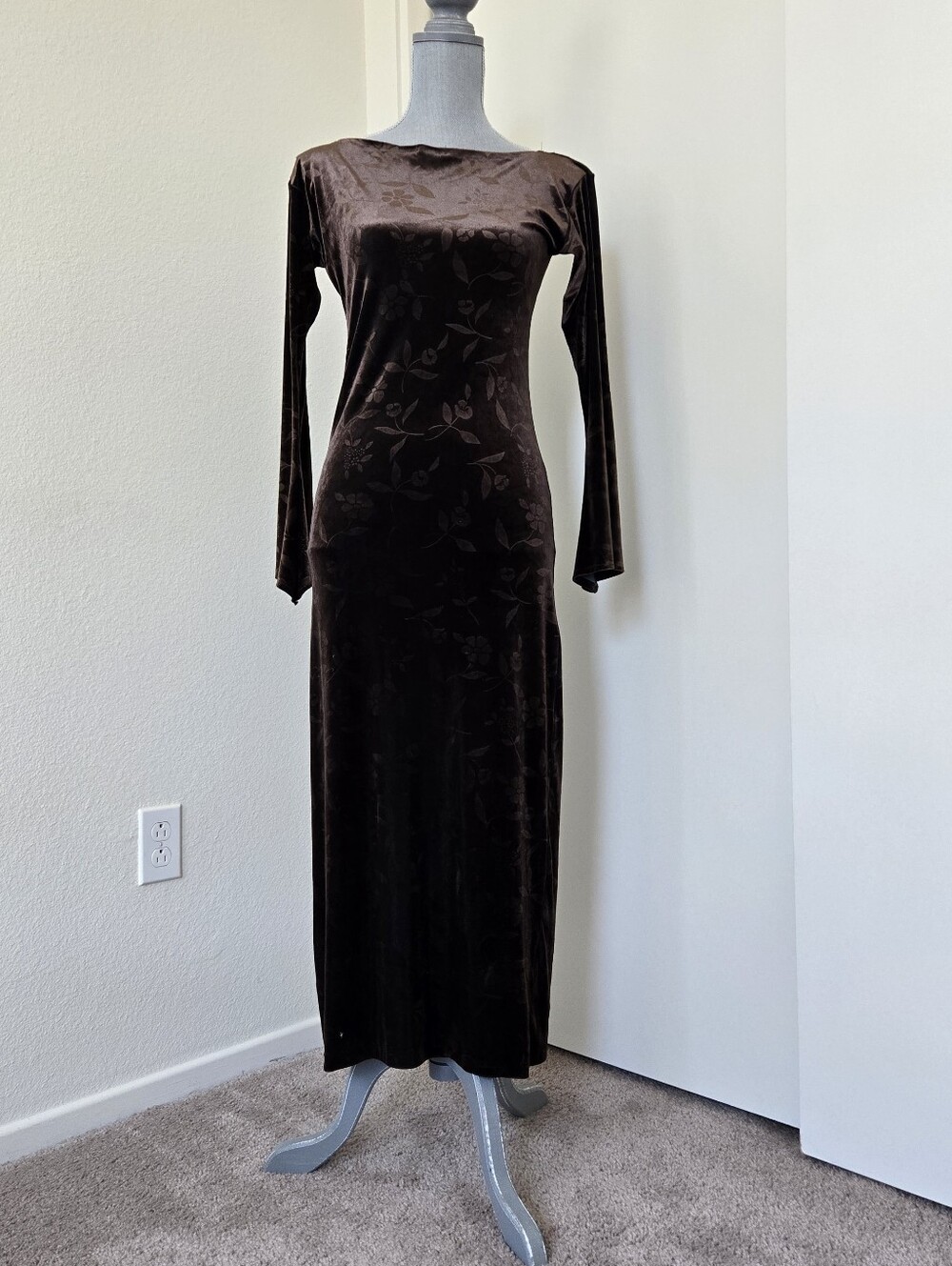 Vintage Kookaï Brown Floral Velvet Maxi Dress Boatneck Long Sleeve Size 1 Small